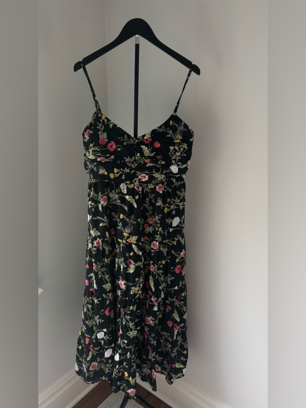 ZARA Black Floral Eyelet Spaghetti-Strap Maxi Dress with Pink & Yellow Blooms